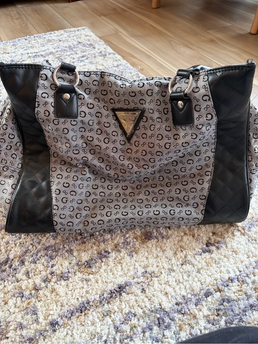 GUESS Gray Black Monogram Weekender Travel Tote Bag Luggage